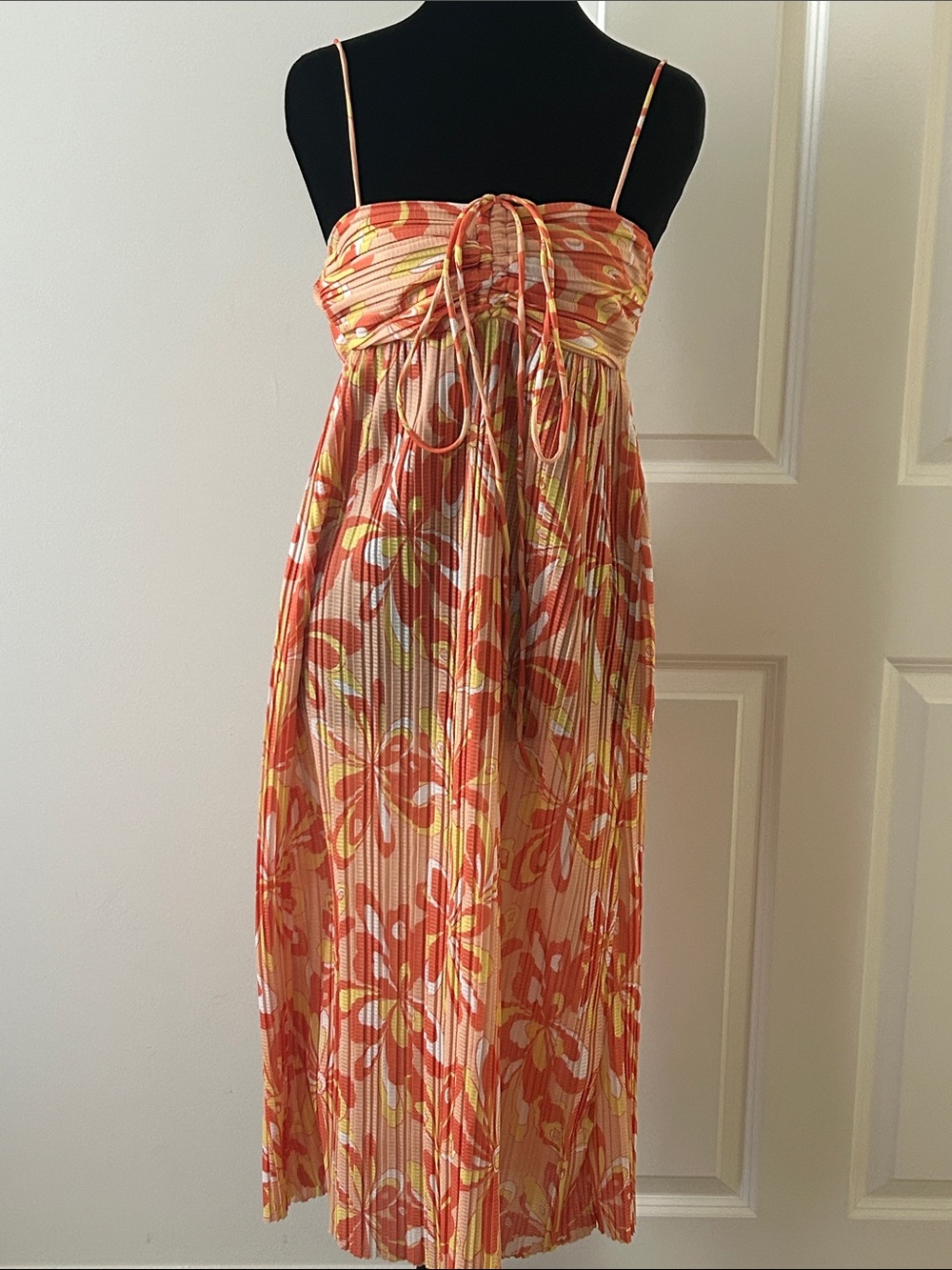 Zara Floral Orange, White and Yellow Pleated Maxi Dress